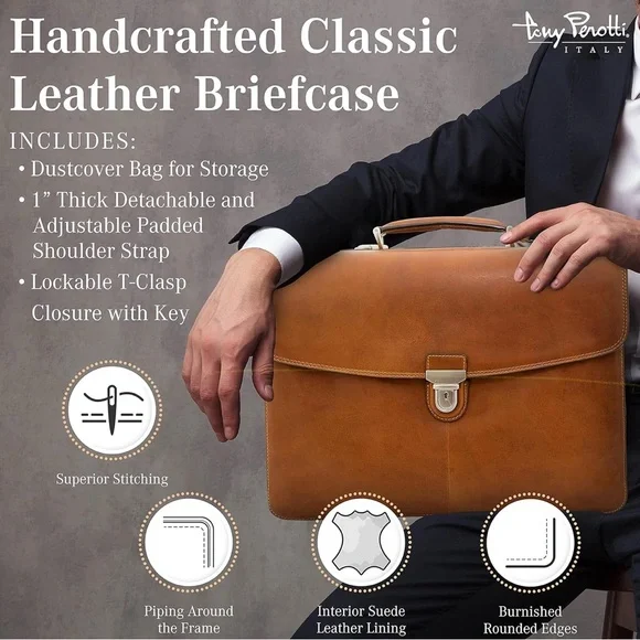 Brown Leather Laptop Bag with Structured Design - Picture 15 of 16